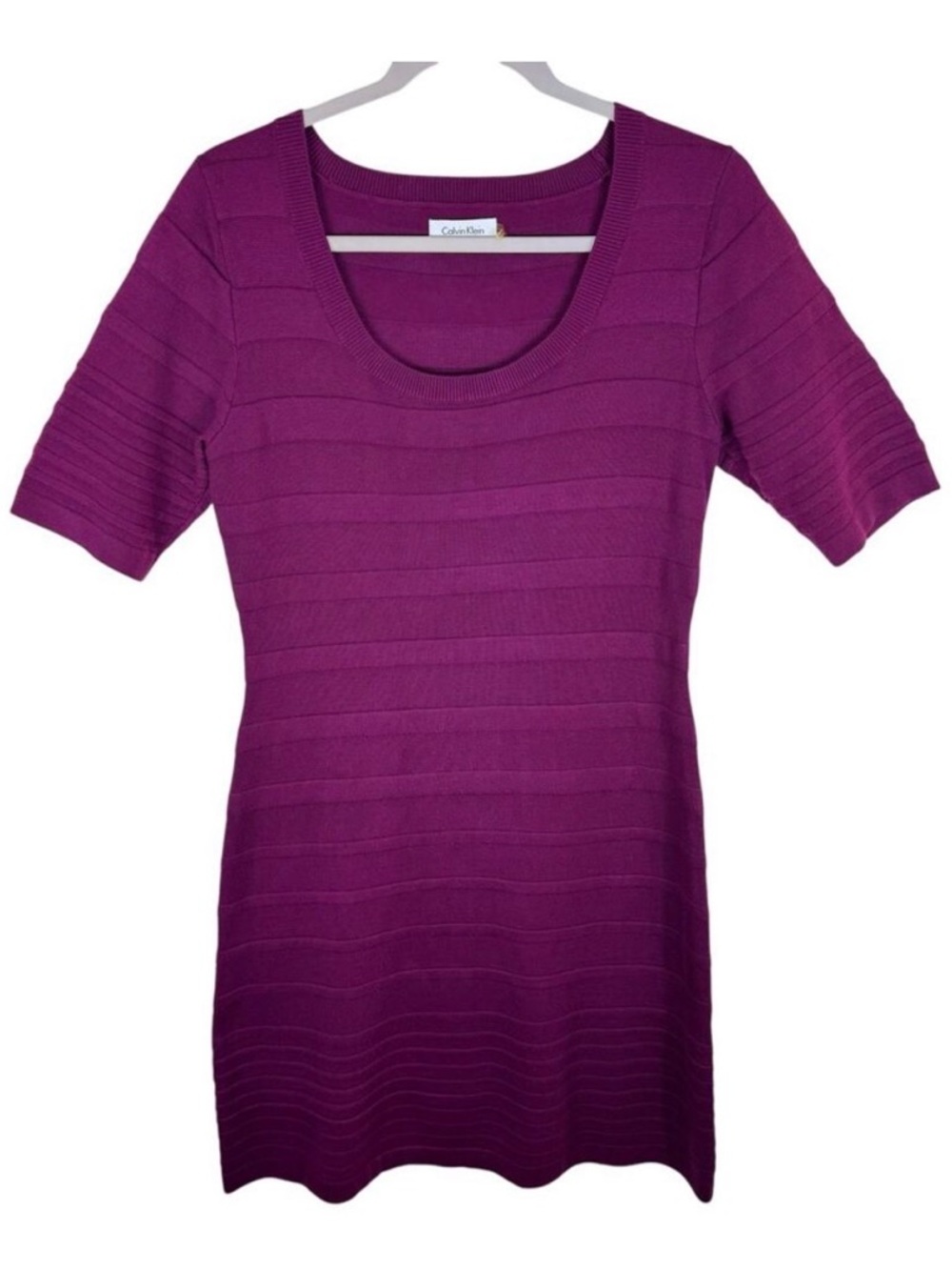 Calvin Klein Purple Short Sleeve Scoop Neck Knee Length Sweater Dress Medium